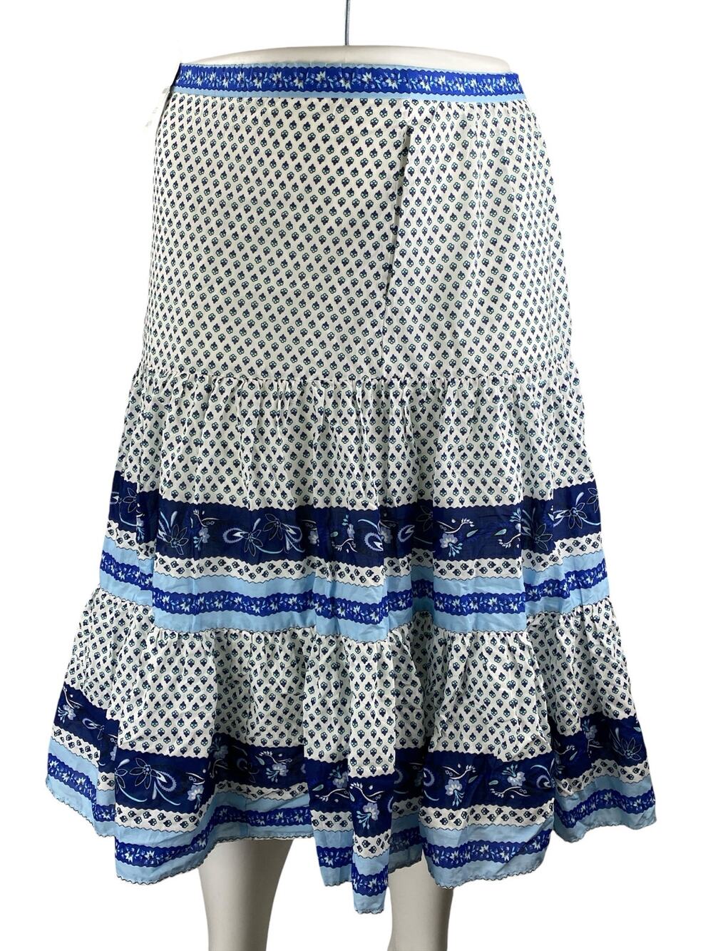 NEW J.Crew White Blue Floral High Waisted Boho Tiered A Line Midi Skirt Size M